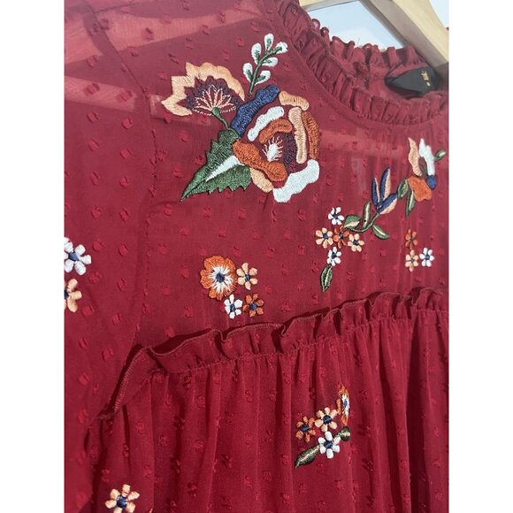 zink London Women Dress Small Size Textured A Line Tiered Red Floral Embroidery - Picture 13 of 16